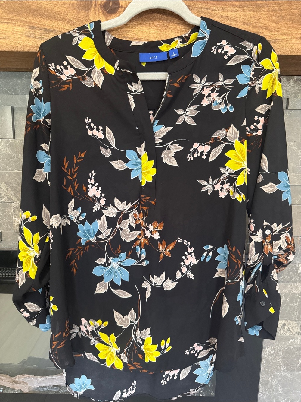 Apt. 9 Black Floral Split-Neck Blouse with Yellow & Blue Flowers